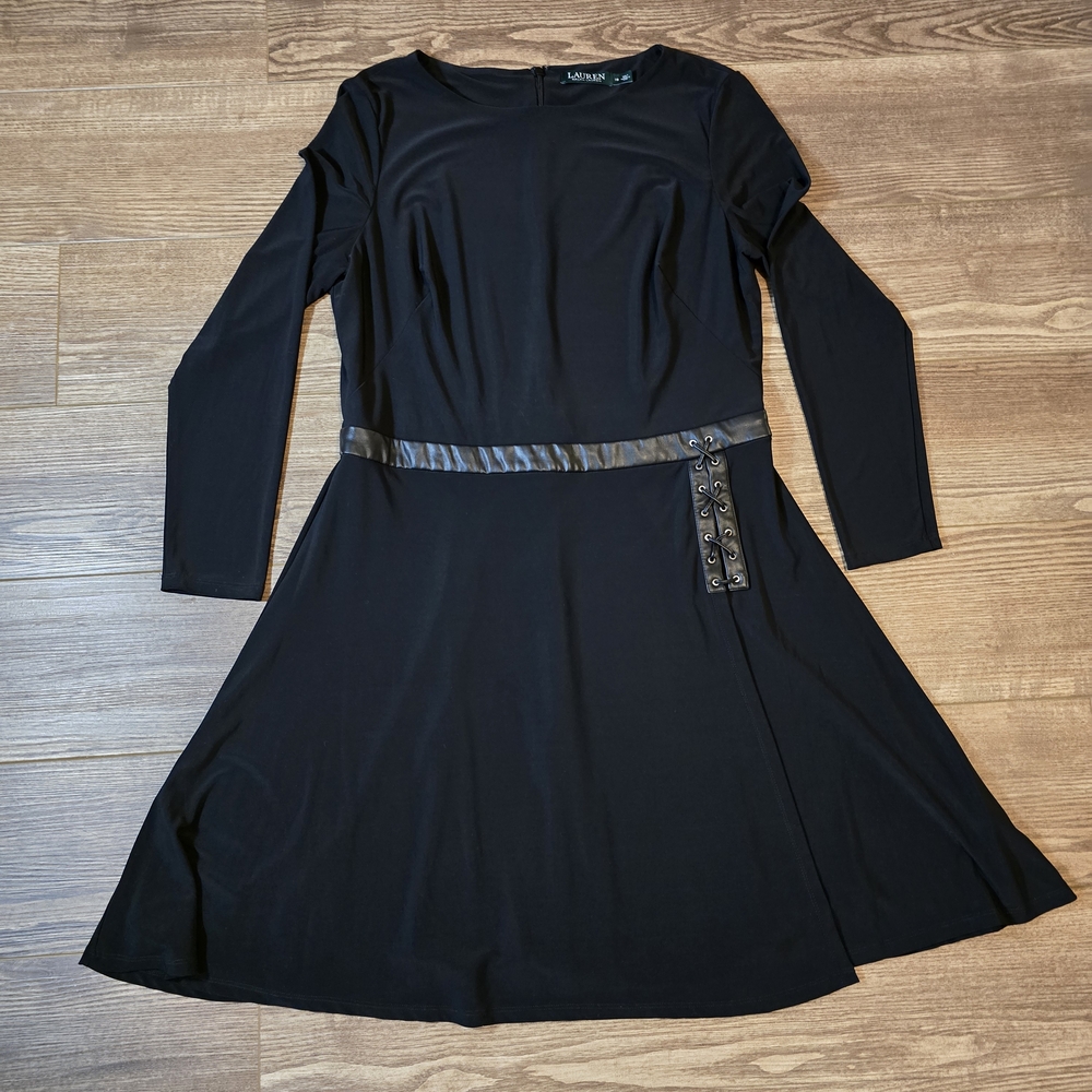 LAUREN RALPH LAUREN Dress 16 Black Stretch Midi Lined Faux Leather Whimsygoth